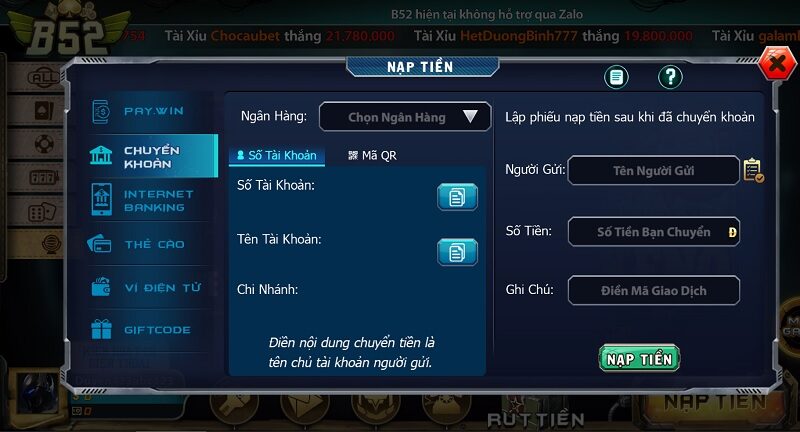 Hướng dẫn cách nạp tiền nhanh tại cổng game bài B52 Club